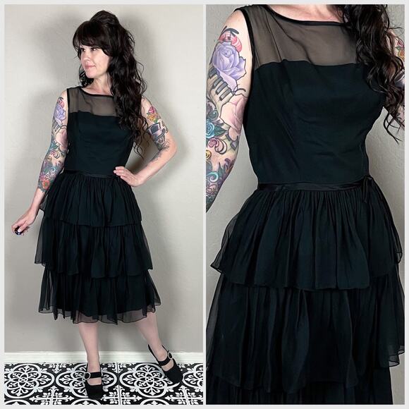 Vintage 1960s Black Silk Tiered Illusion Cocktail Dress - Picture 1 of 8